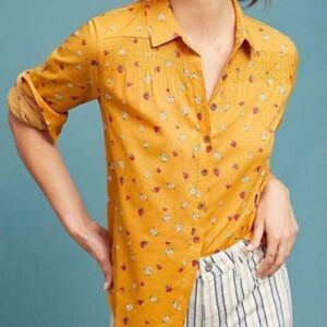 Anthropologie Maeve Top Yellow Floral Button Down Long Sleeve Sz 10 Cottagecore